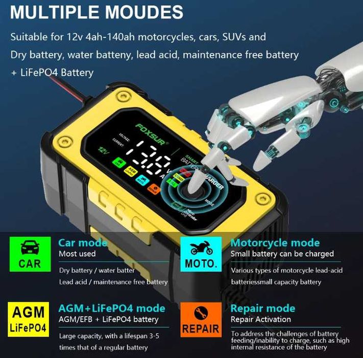 універсальний зарядний пристрій NEW FOXSUR 12V 7A  заряджає LiFePO4...