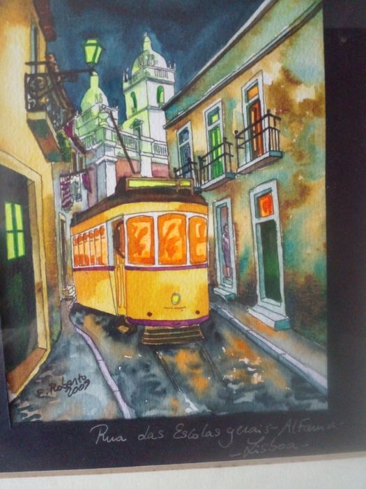 Quadro  de Elétrico de Lisboa em aguarelas assinado pelo autor.