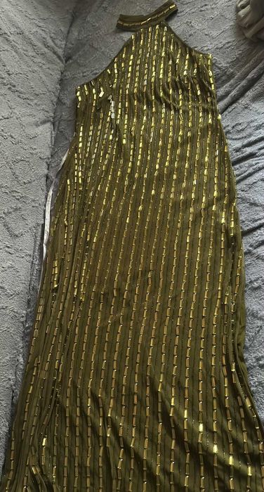 Warehouse Sukienka maxi oliwkowa kamienie galamour wesele S/M GRATIS