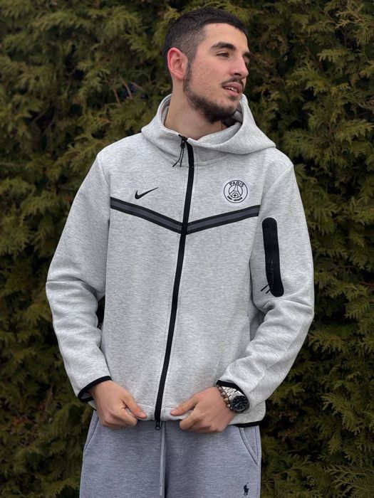 Зіп-худі Nike Tech Fleece PSG чорна чоловіча зіпка Найк Теч Флис | Кофта Найк Теч флис черная мужская спортивная зипка Nike Tech Fleece X PSG серая