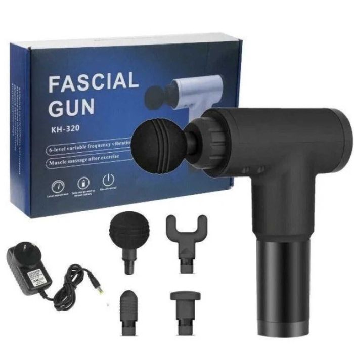 Акумуляторний масажер для тіла Fascial Gun чорний 4 насадки 6 режимів.