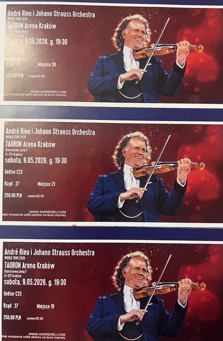 3 bilety na koncert Andre Rieu 9.05 Kraków miejsca obok