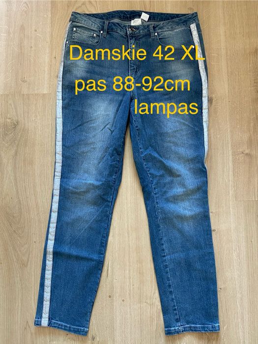 Damskie z lampasem 42 XL niebieskie  damskie spodnie jeansy dżinsy