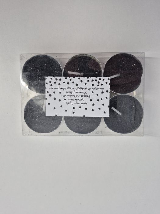 zestaw sześciu czarnych świeczek typu tealight z brokatem