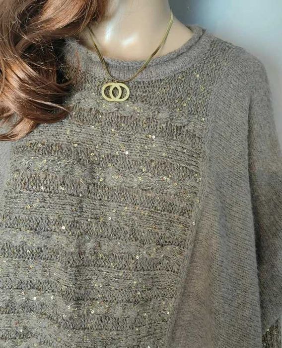 Sweter oversize ponczo brązowy brąz nowy frędzle narzuta ciepła