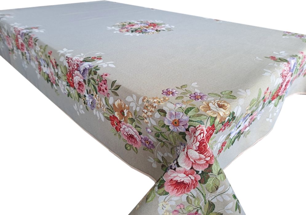 Obrus gobelinowy beżowy w róże 140x280 cm 1162LI Rose Linen