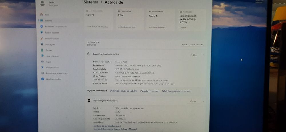 Lenovo Gamer P520 9ªG|Xeon--3.7Ghz-8C-16T|32G|Nvme512G+HD1TB |Nvidia-P4000-8G|5G|W11