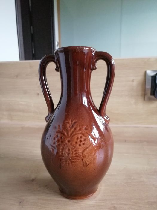 Wazon gliniany szkliwiony PRL flakon dzbanuszek brązowy wys 20cm