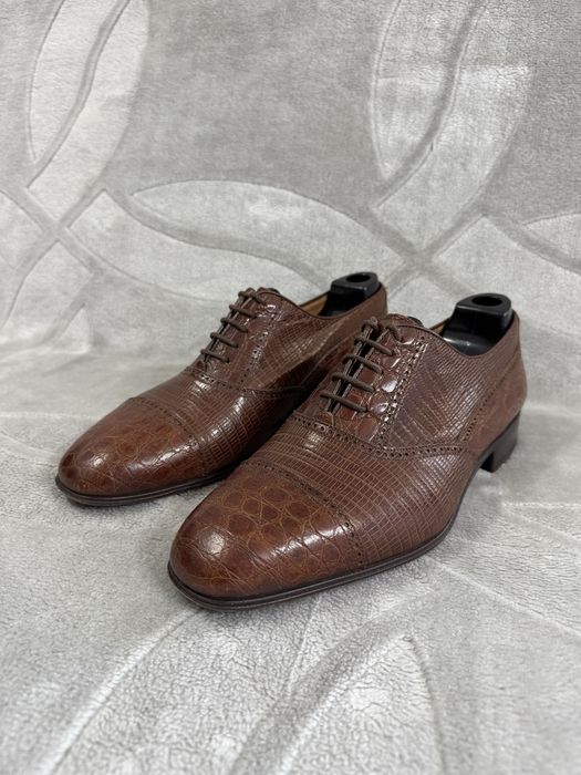 Santoni Crocodile Lizard Pattern Oxford Leather Cap Toe Semi Brogue size 8 42 półbuty wizytowe