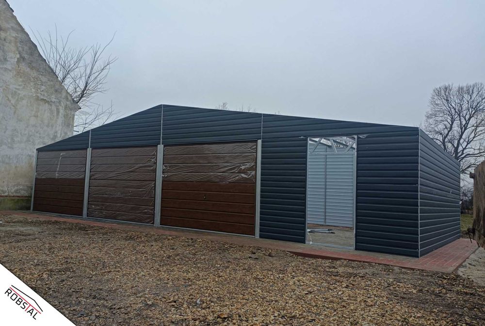 Garaż blaszany Wiata 12x6 3-stanowiskowy Grafit + orzech PREMIUM