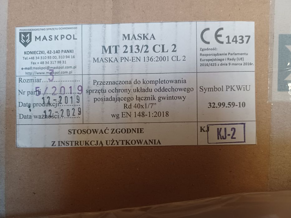 Oryginalna maska Maskpol MT 213/2 CL2 roz. 3 ważna do 12-2029 nieużyw.