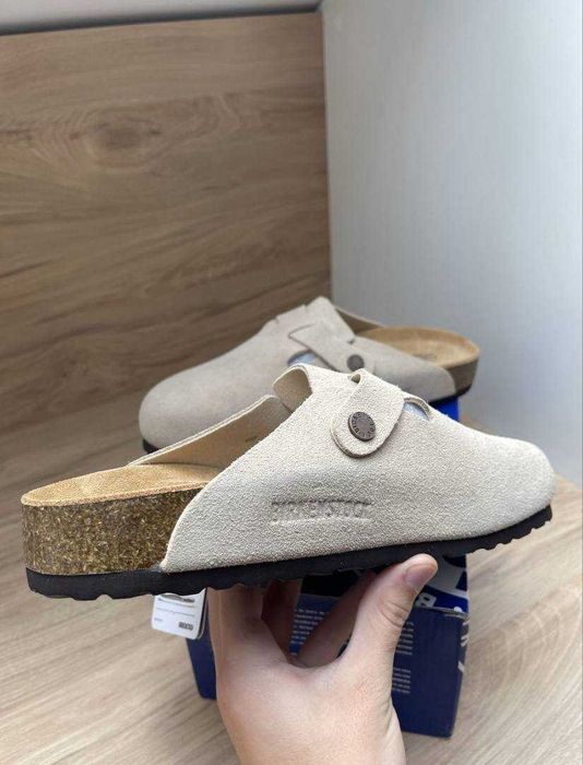 Тапки Birkenstock Beige Light slim біркеншток бостон замшеві