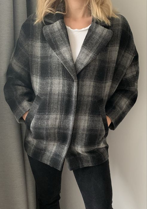 Wełniana kurtka okrycie wierzchnie w kratę blezer S M L XL oversize