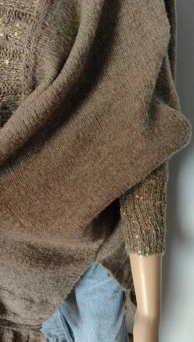 Sweter oversize ponczo brązowy brąz nowy frędzle narzuta ciepła