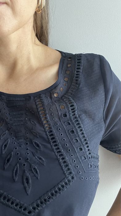 Granatowa ażurowa sukienka H&M z halką boho 36