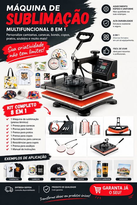 Prensa Térmica VEVOR 8 em 1 Máquina de Sublimação de Calor com Display