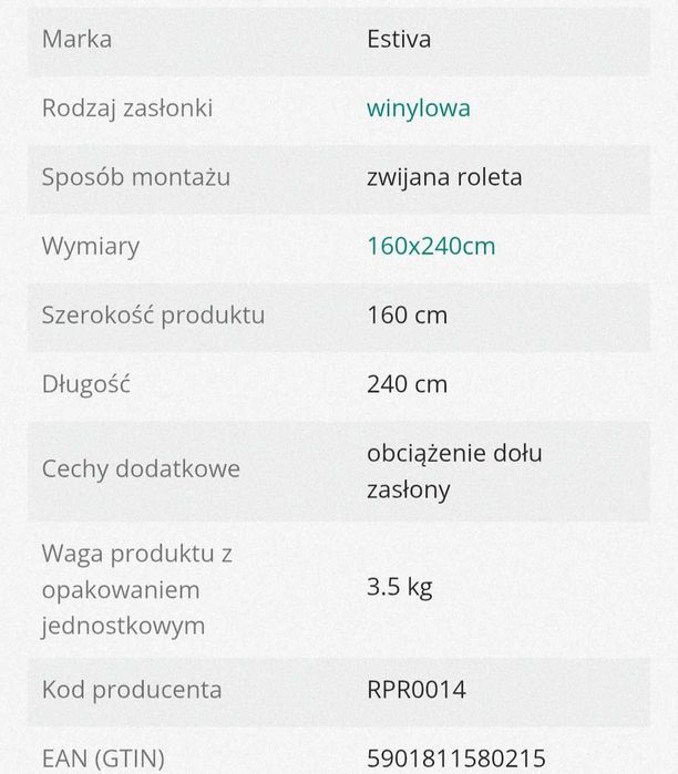 Roleta wannowa 160 cm x 240 cm
