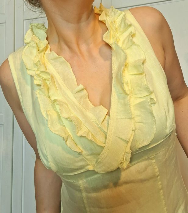 Lniana len sukienka bombka pastelowa jasna cytryna