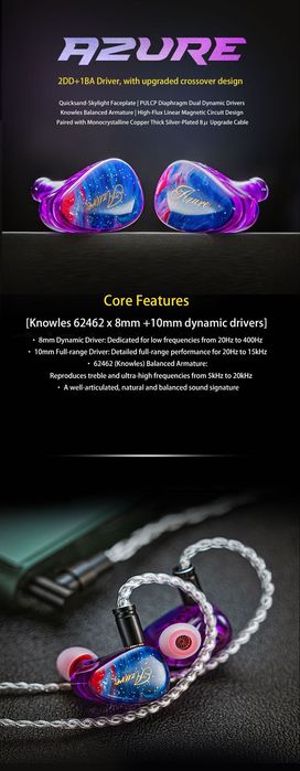 Нові гібридні Hi-Fi навушники монітори Beep Audio Azure 10mm LCP Dynamic Driver + 8mm Composite Dynamic Driver + 1 Knowles Balanced Armature