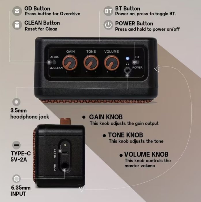 Мини  комбоусилитель "Aroma AG-04". Аккумулятор, Gain, Bluetooth