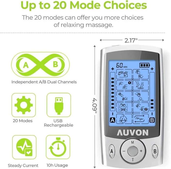 Двоканальний м'язовий стимулятор AUVON TENS Unit з 20 режимами, Amazon, Німеччина