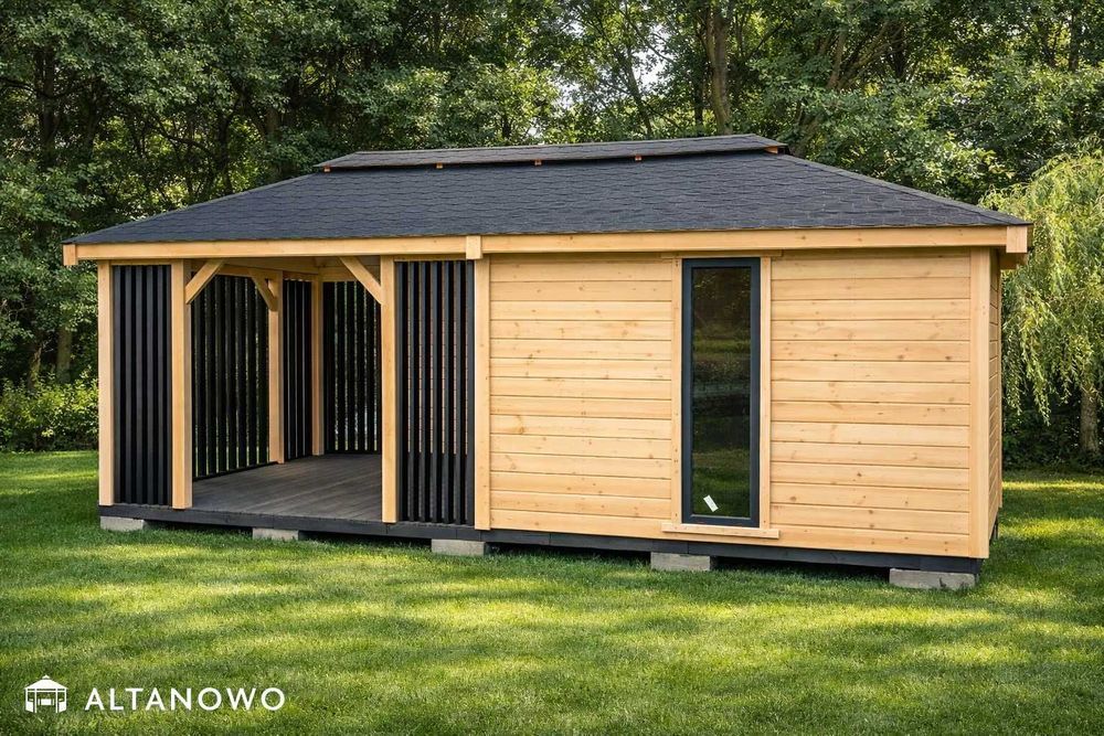 Letniskowy domek ogrodowy z altaną drewniany | producent