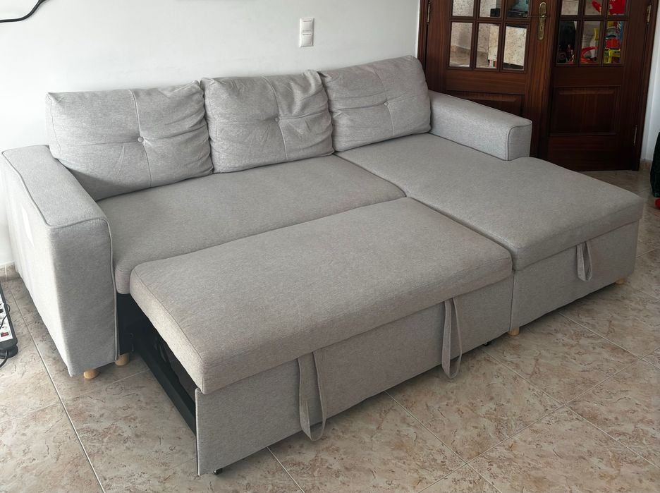 Sofá-cama chaise longue de 3 lugares em tecido