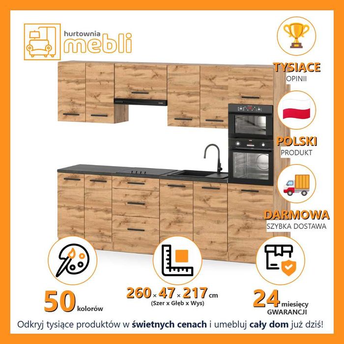 Meble Kuchenne Ze Słupkiem Marra 2.6m Zestaw Modułowy Z Blatem Duży