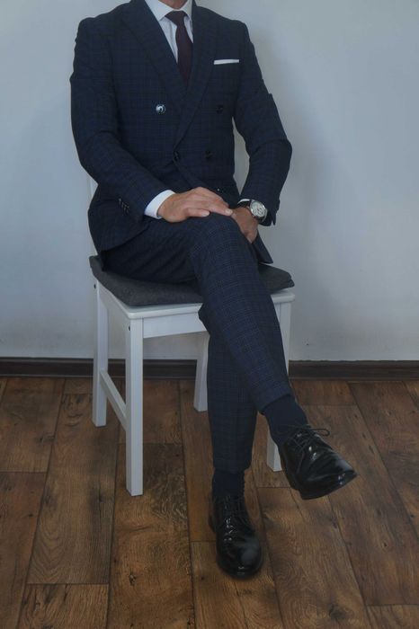 Jack&Jones Dwurzędowy Garnitur krata Rozmiar 46 Granatowy Elegancki Premium