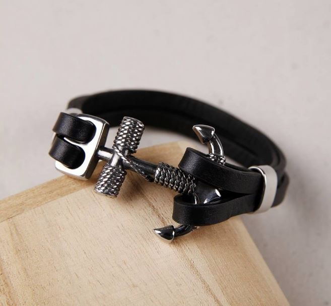 Pulseira em Pele e Aço com ÂNCORA para Homem