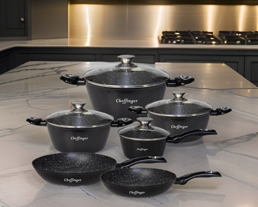 Zestaw garnków Cheffinger 10 el indukcja marmurowe CZARNE