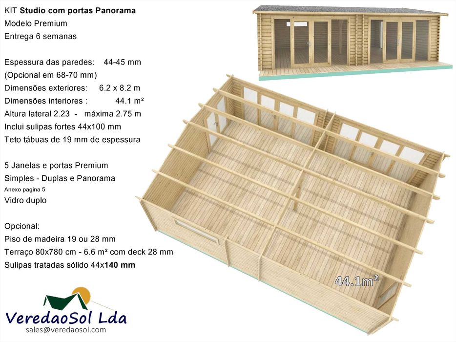 Casa madeira KIT STUDIO 6x8m - Sala com 44.1m² Telhado 54m² Tiny House