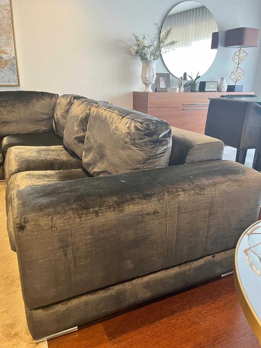 Sofá em Veludo Cinzento com Chaise Longue - Muito Bom Estado