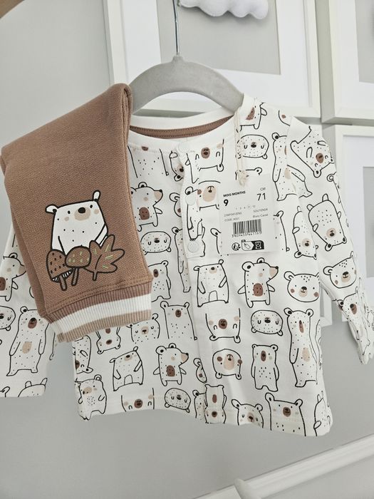 Komplet niemowlecy 74 zestaw bluzka spodnie w niedzwiadki biało brazow