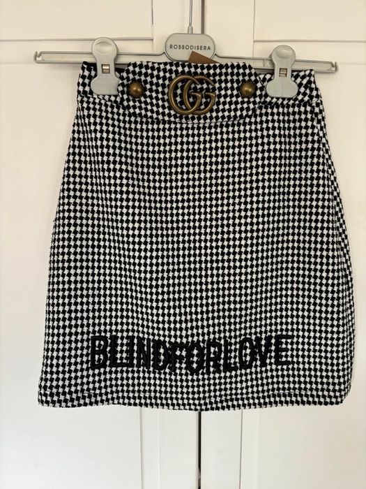 Gucci tweed pepitka spodnica z wysokim stanem z paskiem xs 34 xxs 32