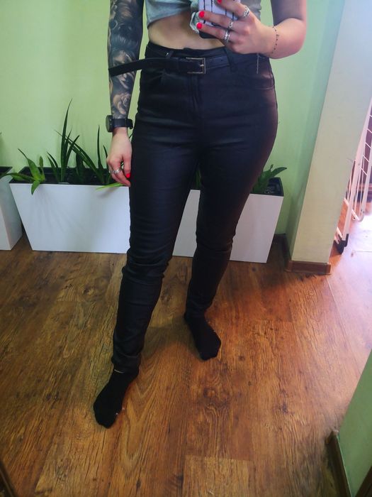 Woskowane czarne spodnie, rurki, 38, M, nowe, z metką, ekoskóra