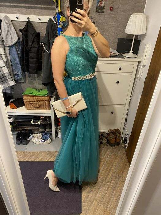 Suknia balowa zieleń tiul koronka kamienie