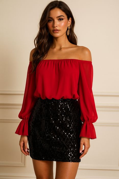 Czerwona sukienka hiszpanka z falbanami i czarnymi cekinami błyszcząca