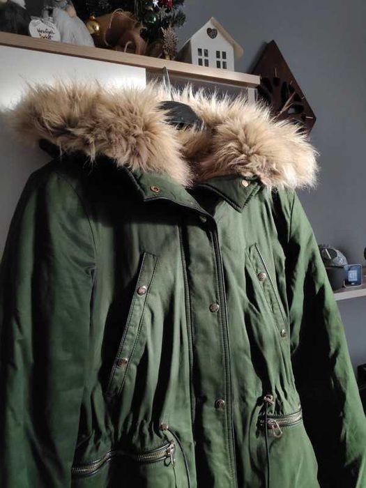 Kurtka zimowa, parka, ciepła, ZARA, futerko, zielona