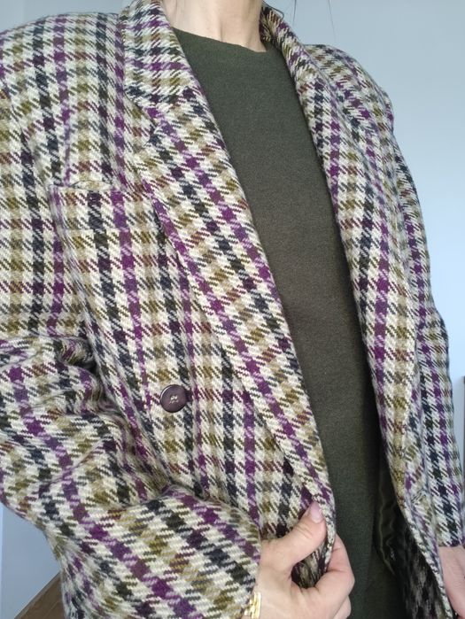 Płaszcz Australia lambswool wełniany jagnięca 38 pepitka krata klasycz