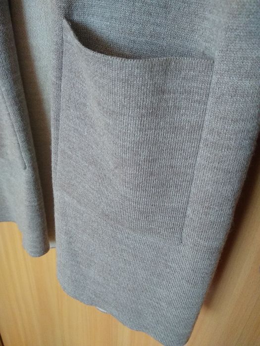 Sabin Linnebjerg Duński elegancki długi kardigan, 50% Merino, Rozmiar
