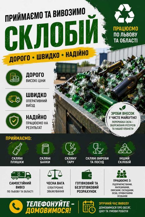 Прийом скла та склобою • Пляшки • Банки • Скляна тара • Вивіз