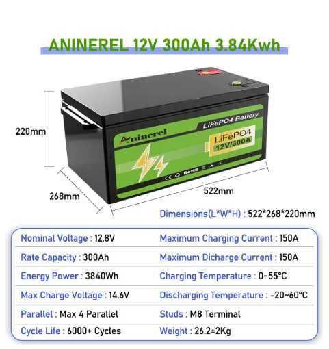 Аккумулятор LiFePo4 Aninerel 12,8 В 304 Ач 12в 300а 12v 300a