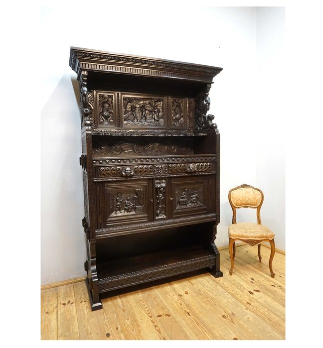 Stary Bogato Rzeźbiony Kredens Komoda Z NADSTAWKĄ UNIKAT