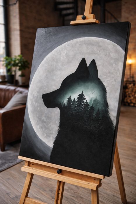 22 Duże obrazy na płótnie 58x78cm Loft Ręcznie Malowany Wilk Las we Mg