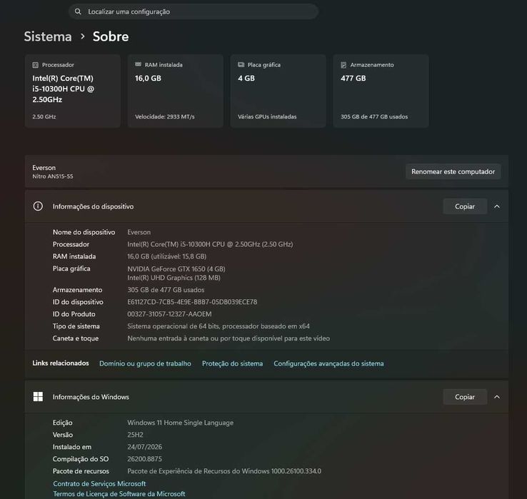 Portátil Gaming Acer Nitro 5 (AN515-55) – 15.6" Full HD / 16GB RAM / GTX 1650 – Sintra