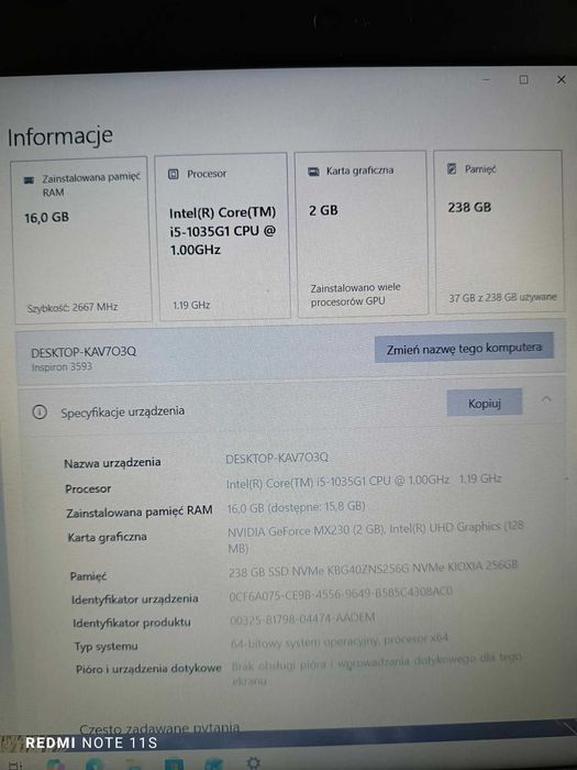 Laptop Dell ISPIRON SSD 250 gB RAM 16 gB jak nowy