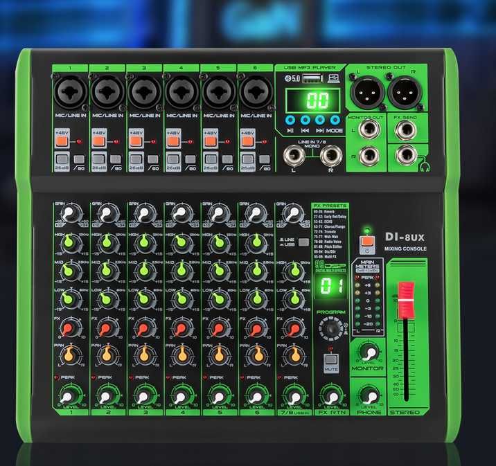 DEBRA Profesjonalny mikser 8-KANAŁOWY DI-8UX, 99 DSP USB MP3 48V OPIS!