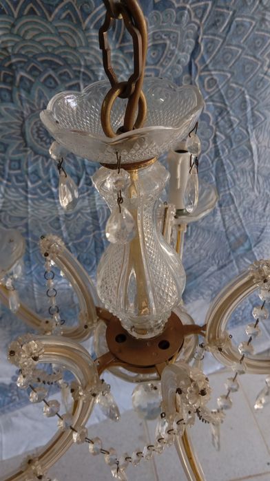 Lustre / Candeeiro de Teto Vintage 5 Braços em Vidro e Metal c/ Pendentes