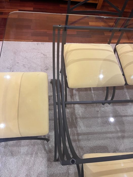 Conj. Mesa vidro/ferro e 6 cadeiras para sala de jantar